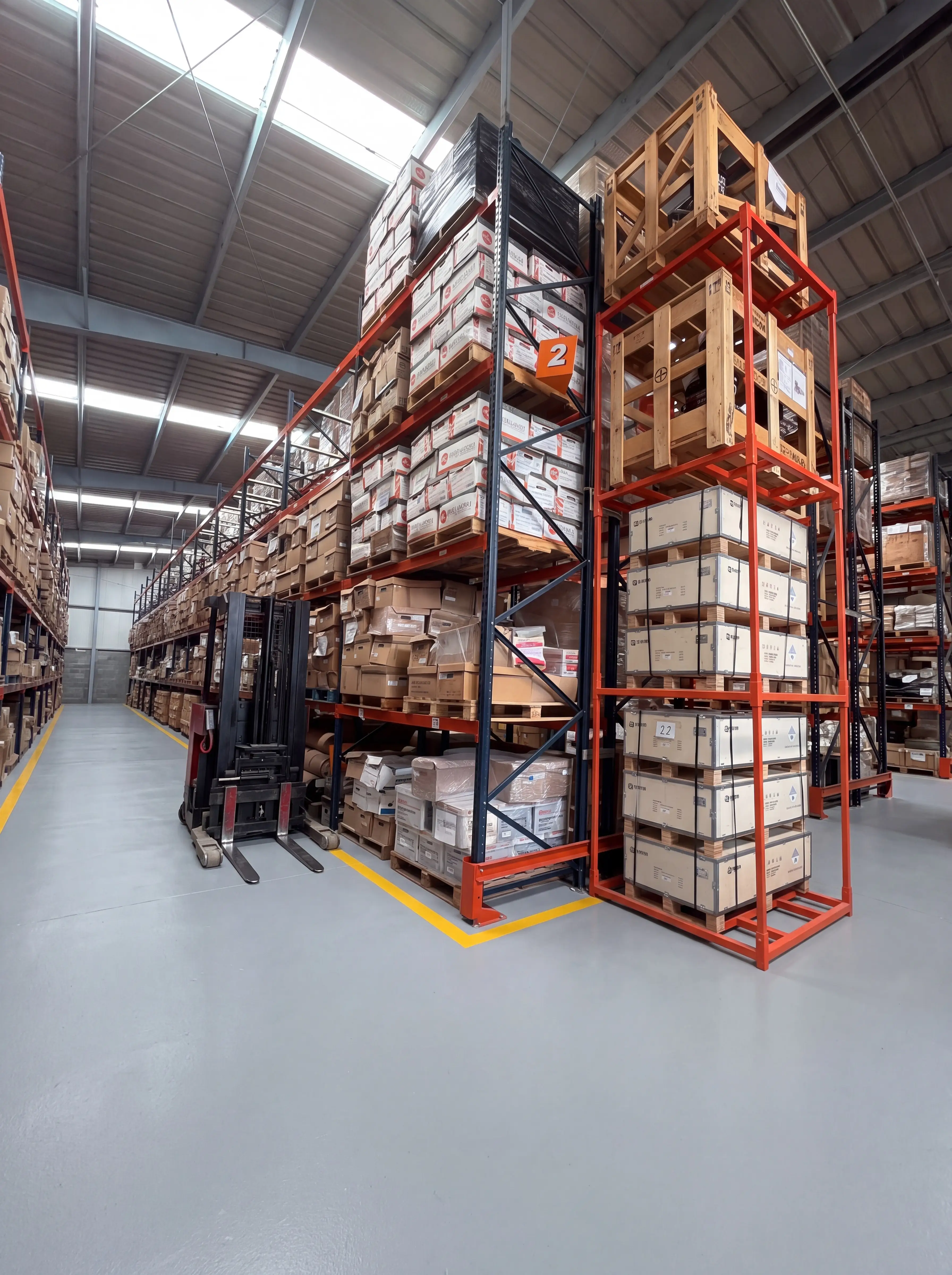 Pasillo de racks de la bodega con pallets, cajas y huacales estibados hasta lo alto